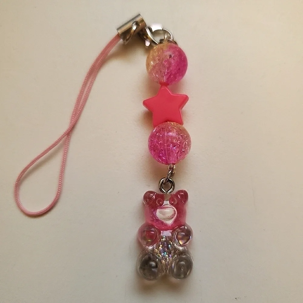 Handmade Silver Pink Ombre Glitter Gummy Bear Keychain Phone Charm